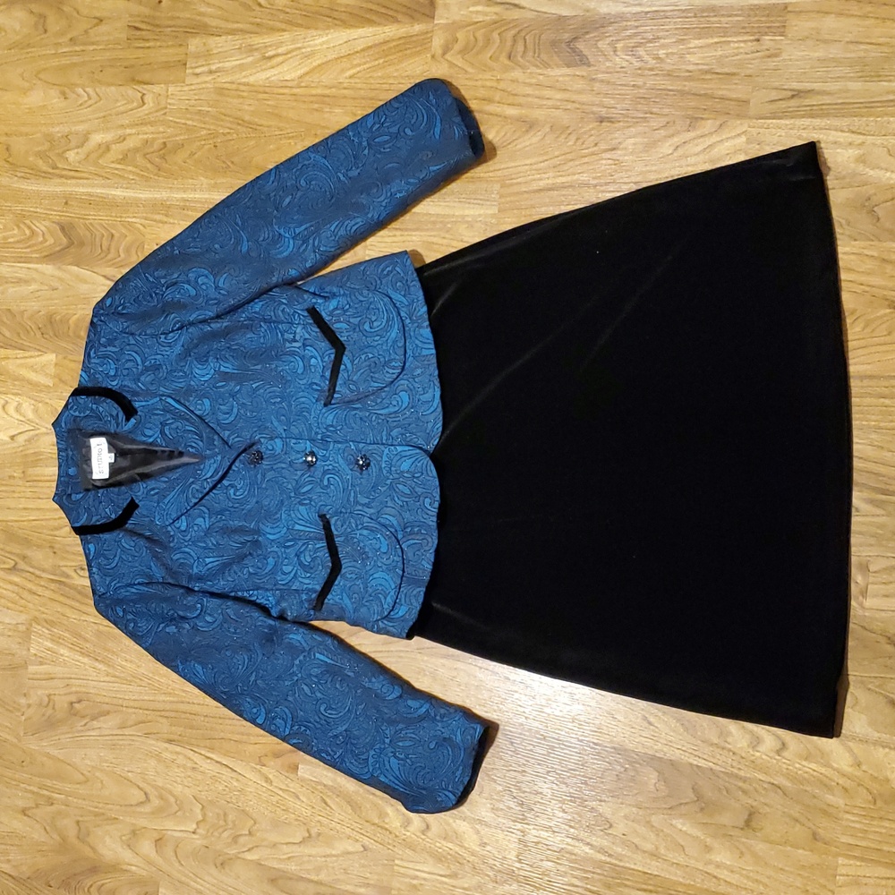 Studio I Skirt Suit Set Black Velvet Turquoise Metallic Womens Size 12